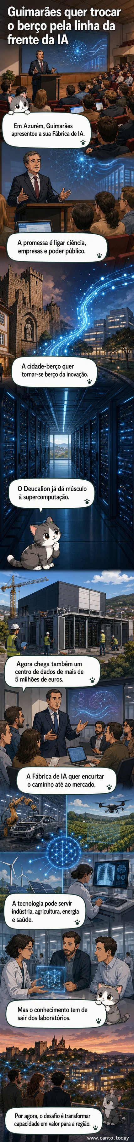Representação visual da Fábrica de Inteligência Artificial em Guimarães, com edifício moderno, servidores e conexões digitais simbolizando inovação tecnológica.