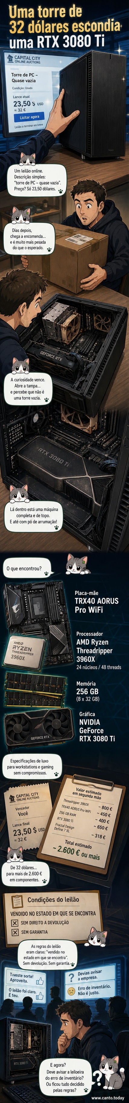 Fotografia de um gabinete preto com componentes internos visíveis, incluindo uma placa gráfica NVIDIA RTX 3080 Ti e uma placa-mãe com iluminação RGB, sobre uma superfície de madeira.