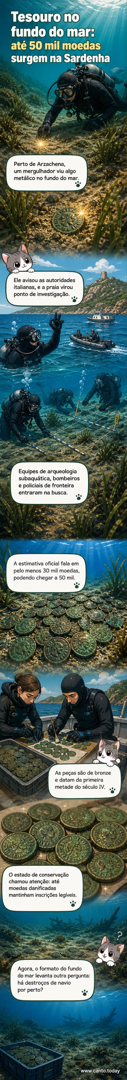 Ilustração de um mergulhador no fundo do mar próximo a um monte de moedas antigas de bronze, com luz solar filtrando pela superfície e vegetação marinha ao redor.