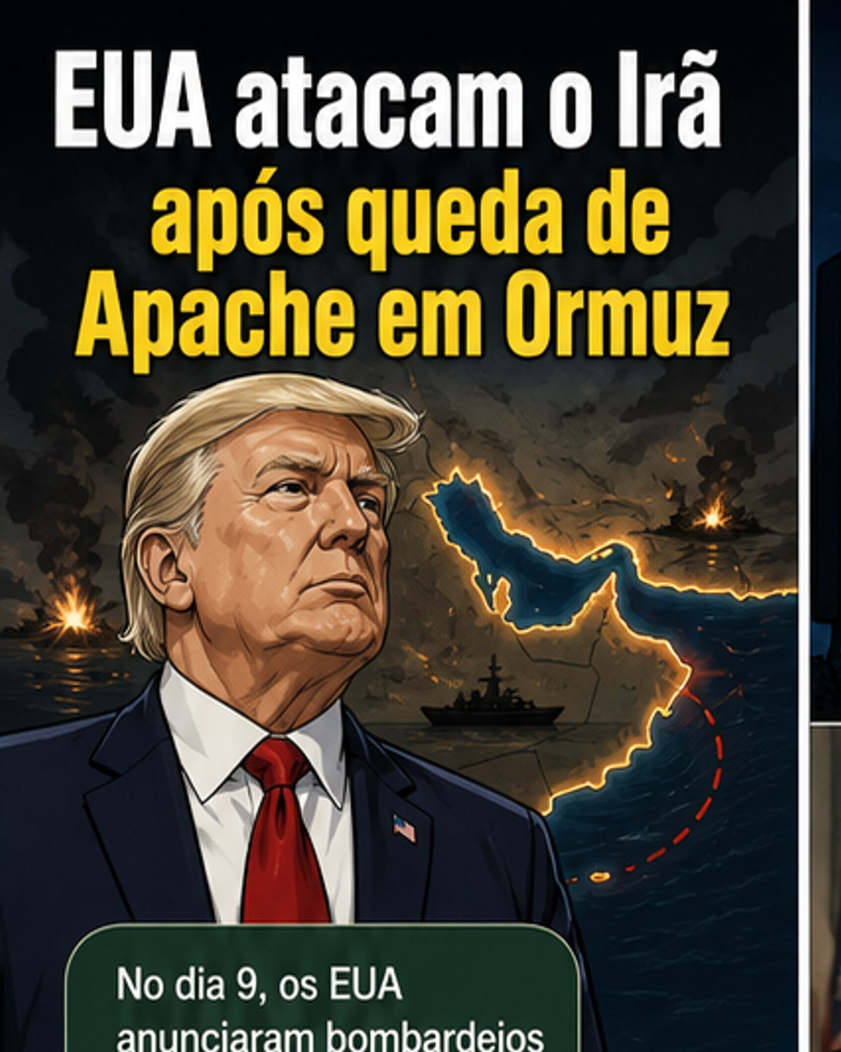 Ilustração de um helicóptero militar sendo atingido por um drone, com explosões ao fundo em um cenário desértico próximo ao estreito de Ormuz.