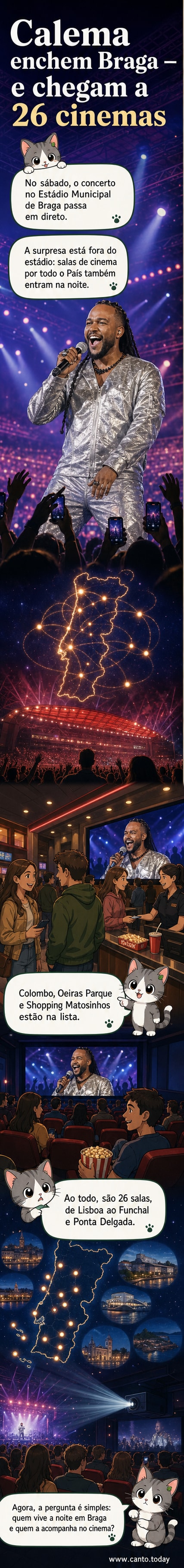 Cartaz do concerto dos Calema com palco iluminado e nome da banda em destaque, ao fundo telas de cinema com público assistindo.