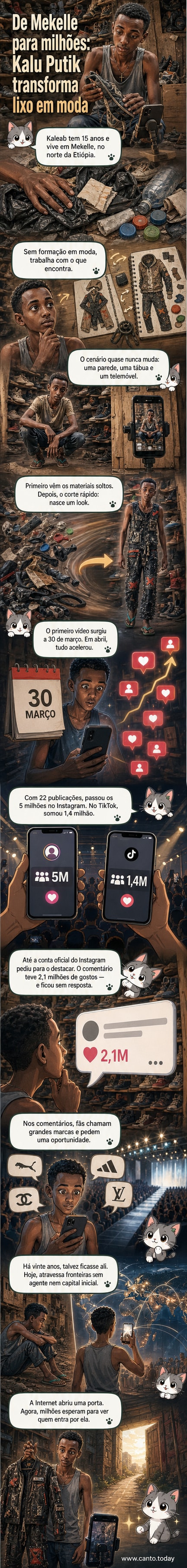 Ilustração de um jovem etíope em frente a uma parede simples, segurando um smartphone, com roupas coloridas feitas de materiais reciclados ao seu redor.