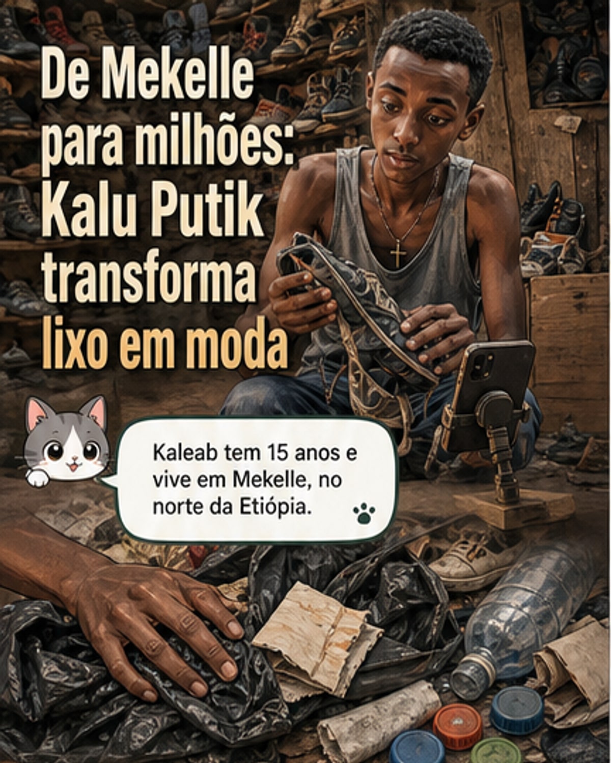 Jovem da Etiópia faz moda com lixo e encanta 7 milhões