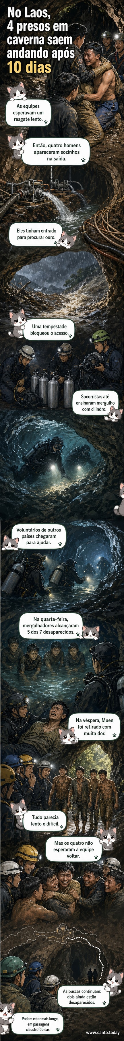 Quatro homens caminham juntos na saída de uma caverna escura, iluminados pela luz natural, com equipes de resgate ao fundo surpresas com a cena.