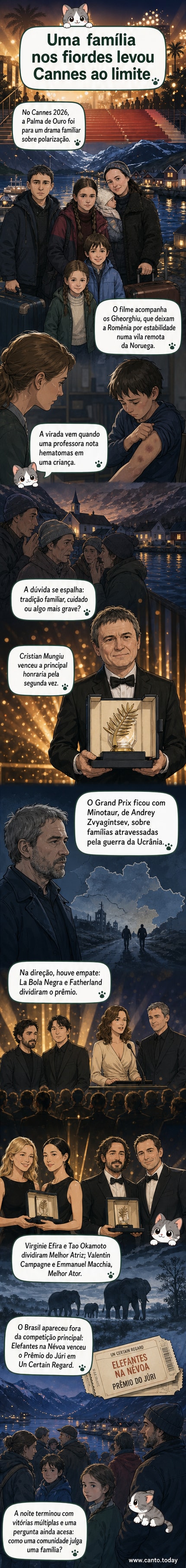 Cartaz do filme 'The Gheorghius' com uma família ao lado de um fiordo nevado, sob luz fraca, transmitindo clima de tensão e isolamento