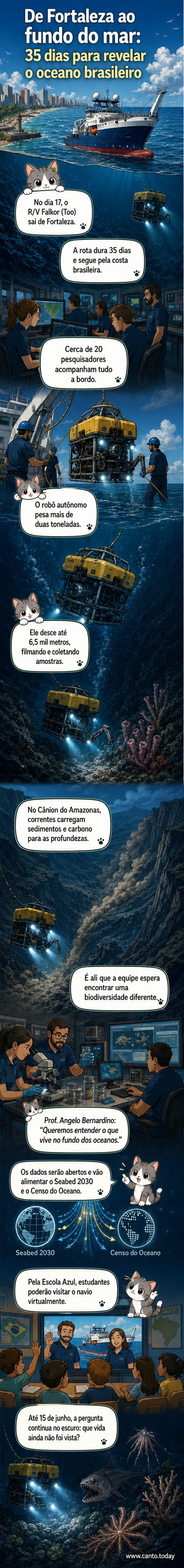 Ilustração de um robô subaquático descendo a grandes profundidades no oceano, com luzes projetando sobre o fundo marinho escuro e formas de vida desconhecidas ao redor.