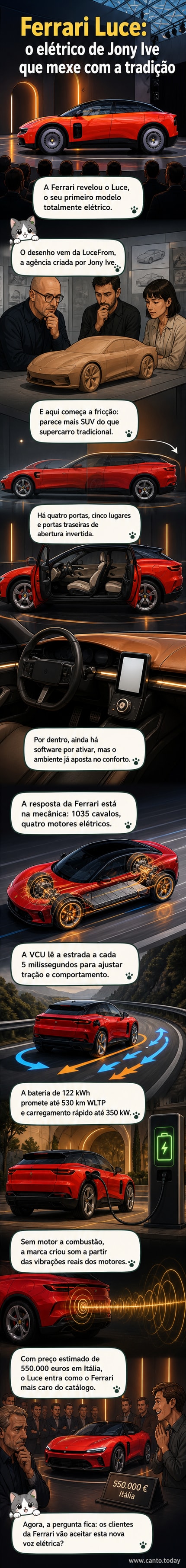 Ilustração do Ferrari Luce, superesportivo elétrico com design futurista, linhas limpas e portas suicidas, em pose dinâmica sob luz dramática.
