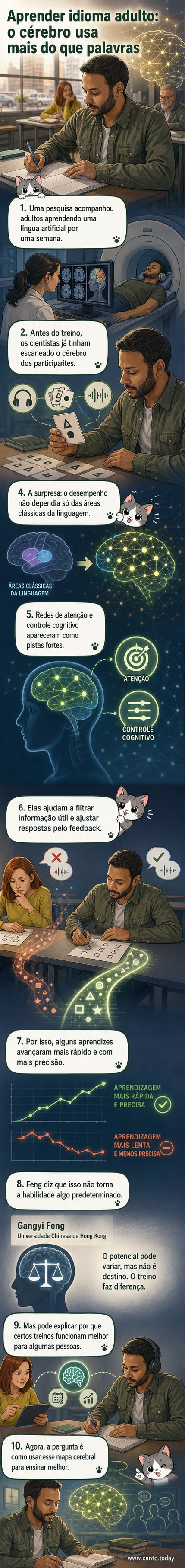 Ilustração de um cérebro com áreas de linguagem, atenção e controle cognitivo destacadas, simbolizando o processo de aprendizado de um novo idioma.