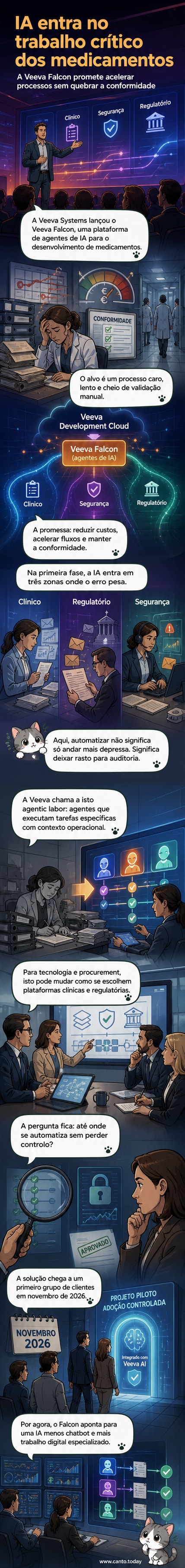 Ilustração de um robô analisando documentos médicos e relatórios de segurança em uma tela digital, com ícones de farmacêutica e IA ao fundo.