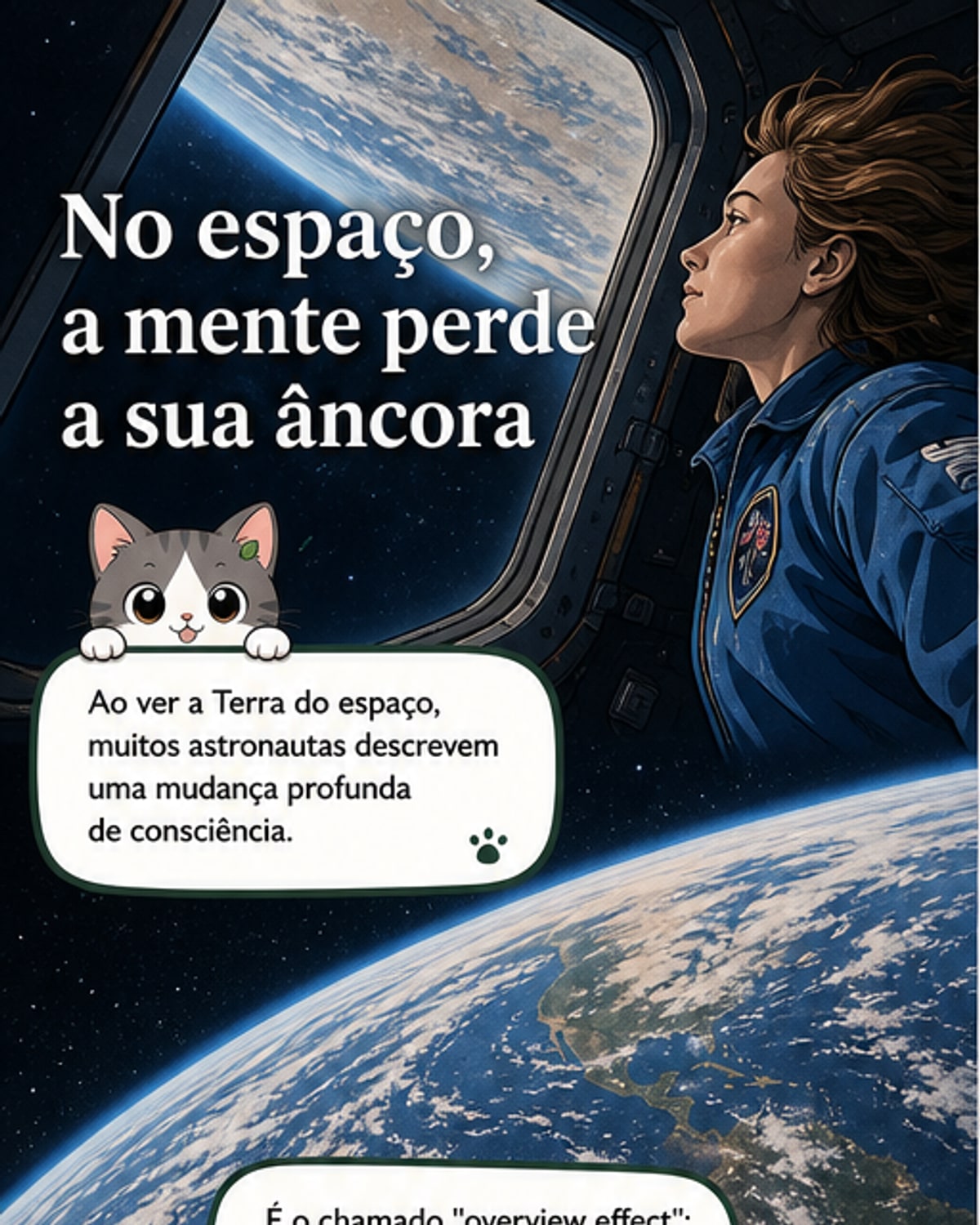 Ilustração de um astronauta flutuando acima da Terra, com o cérebro em destaque, mostrando redes neurais se reorganizando e linhas de conexão se expandindo, simbolizando a mudança na consciência provocada pela ausência de gravidade.