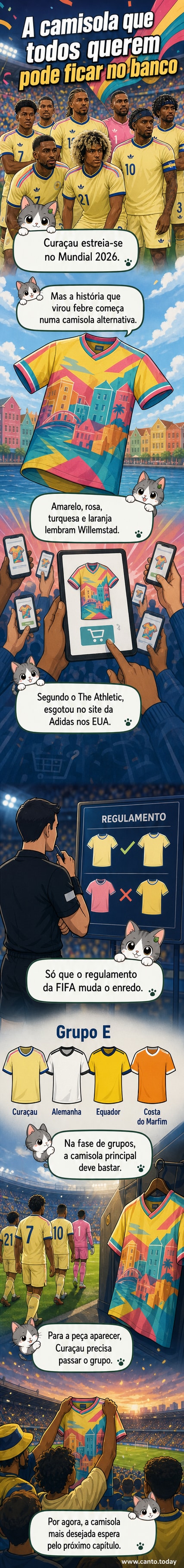 Uniforme alternativo de Curaçau com cores vibrantes inspiradas em Willemstad, exibido em fundo branco com detalhes em rosa, amarelo, turquesa e laranja.