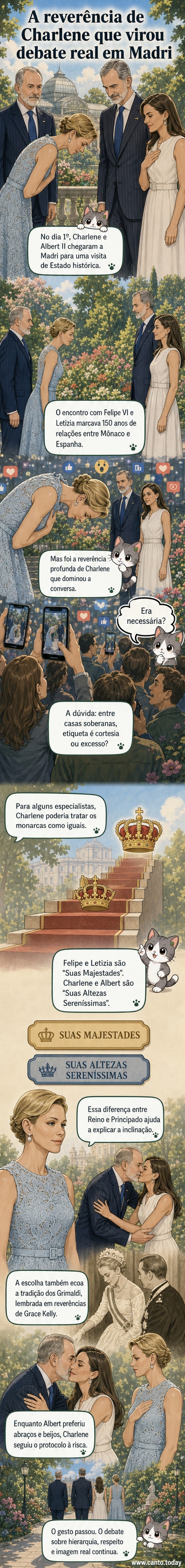 A princesa Charlene de Mônaco faz uma profunda reverência diante do rei Felipe VI e da rainha Letizia durante evento no Real Jardim Botânico em Madri.