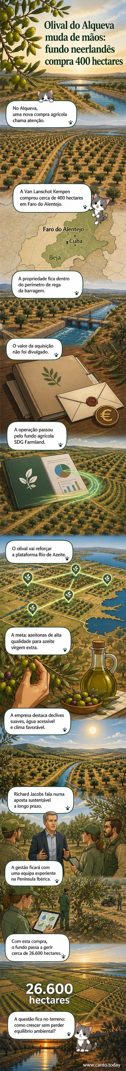 Um olival em declive suave sob céu azul, com a barragem do Alqueva ao fundo, simbolizando a nova aquisição de 400 hectares por um fundo neerlandês.