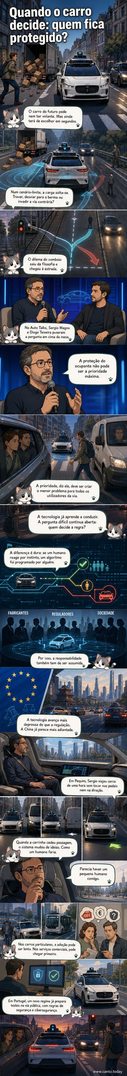 Dois jornalistas em conversa sobre um carro autónomo, com fundo de exposição de tecnologia automóvel.