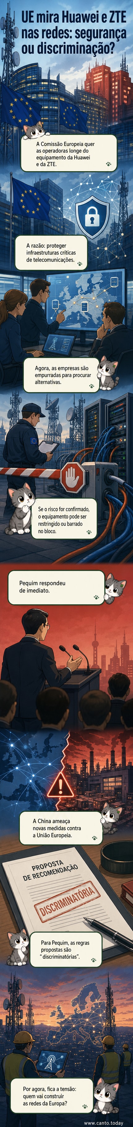 Representação gráfica de uma torre de telecomunicações com os logótipos da Huawei e ZTE sendo removidos, ao fundo bandeiras da União Europeia e da China em tensão.