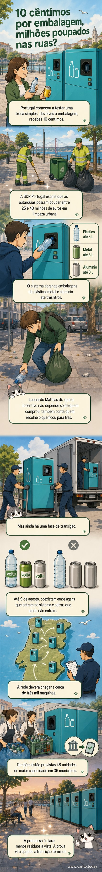 Ilustração de uma máquina de devolução de embalagens com depósito, com latas e garrafas sendo inseridas e um símbolo 'volta' visível, ao fundo uma rua limpa e um cenário urbano português.