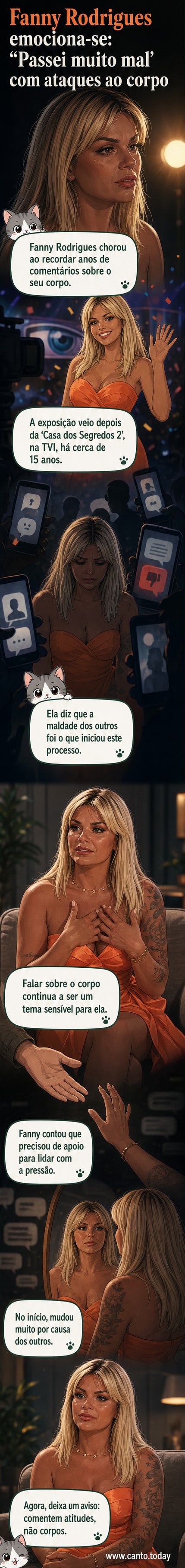 Ilustração de Fanny Rodrigues com expressão emocionada, ao centro de comentários negativos sobre o corpo em balões de fala, com fundo de palco de reality show.