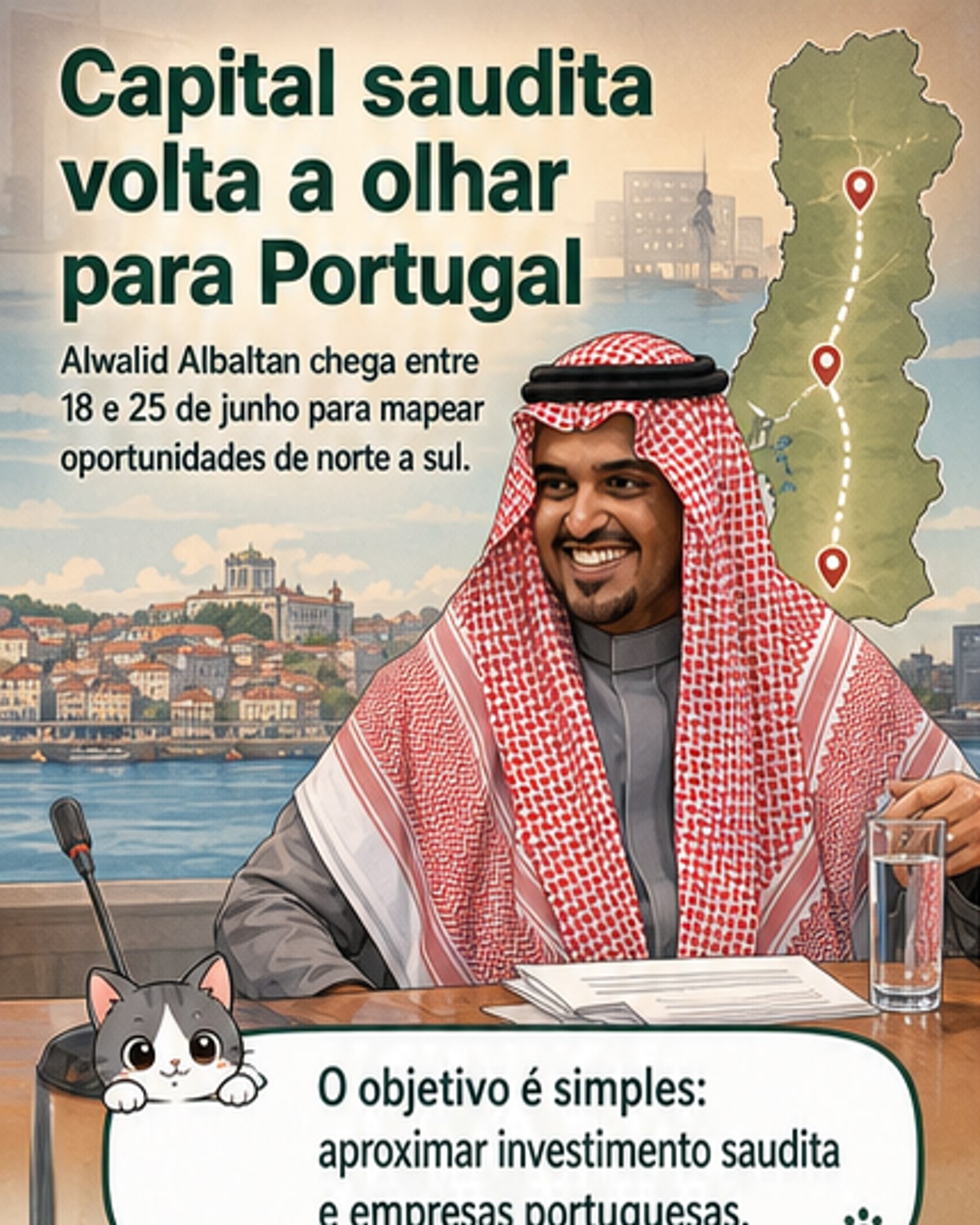 Ilustração de um empresário saudita a chegar a Portugal, com símbolos de parceria empresarial e bandeiras de Portugal e Arábia Saudita ao fundo.