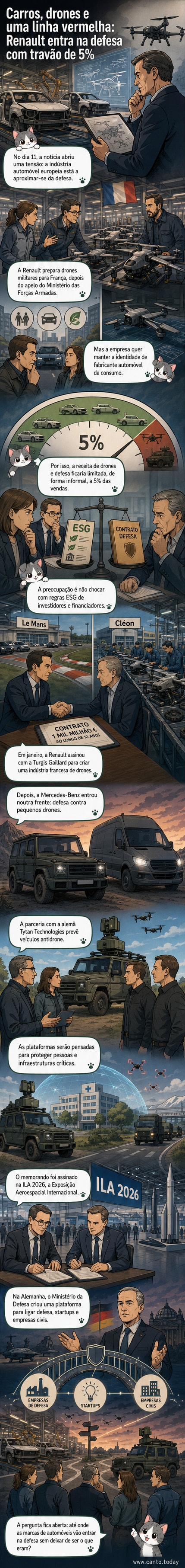 Ilustração de dois veículos: um drone militar sobre uma fábrica Renault e um Mercedes Classe G equipado com sistema antidrone, com bandeiras francesa e alemã ao fundo.
