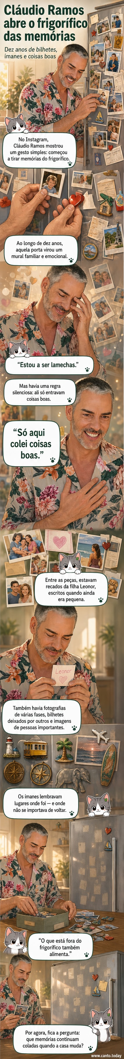 Cláudio Ramos segurando delicadamente papéis e fotos retirados da porta de um frigorífico, com expressão emocionada.