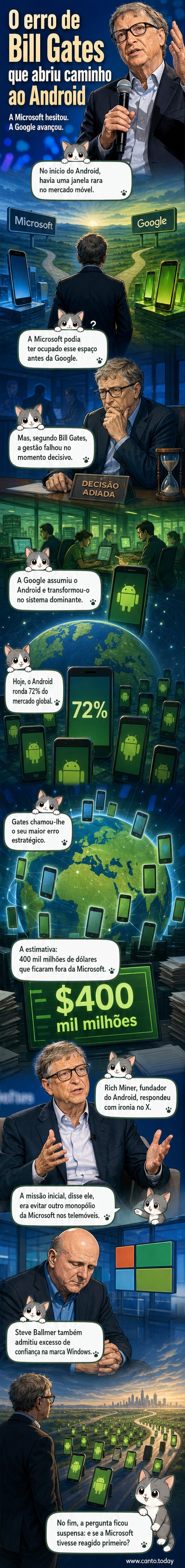 Ilustração de um celular com logotipo do Android e um computador com Windows, separados por um sinal de interrogação, simbolizando a decisão perdida da Microsoft.