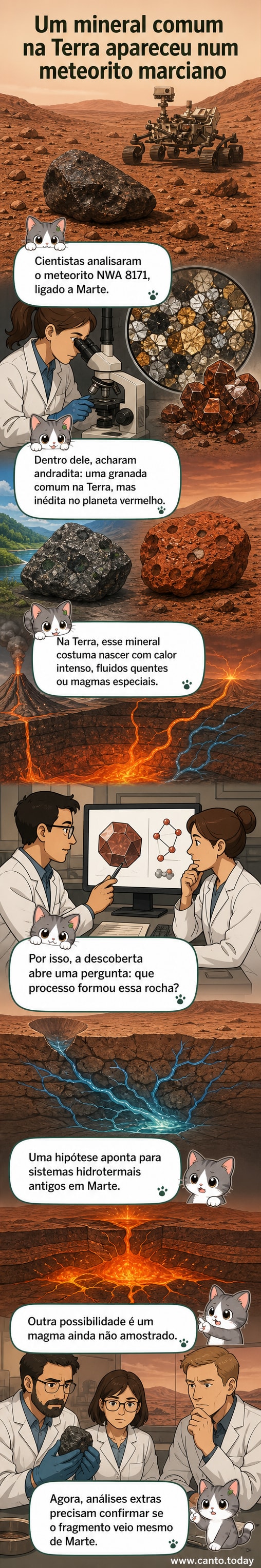 Ilustração de um meteorito marciano com destaque para cristais de granada, sobre o solo vermelho de Marte com o rover Perseverance ao fundo.