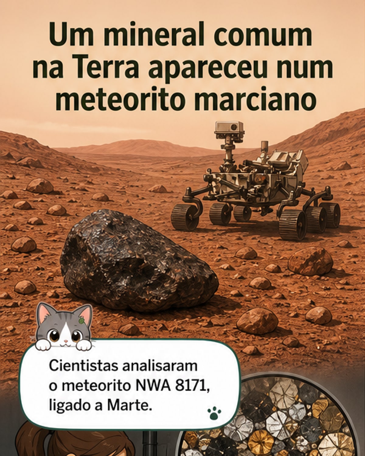 Ilustração de um meteorito marciano com destaque para cristais de granada, sobre o solo vermelho de Marte com o rover Perseverance ao fundo.