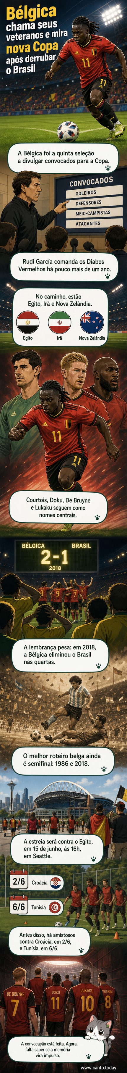 Ilustração de jogadores da Bélgica em formação, com De Bruyne e Lukaku em destaque, ao fundo bandeira belga e estádio de futebol.