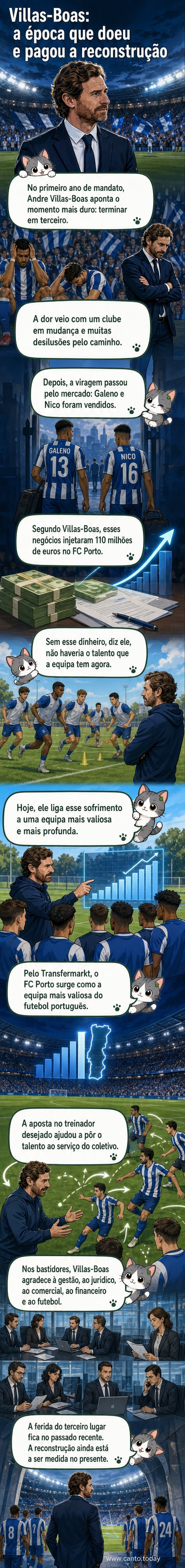 Ilustração de André Villas-Boas falando sobre a venda de Galeno e Nico, com gráficos de receita de 110 milhões de euros e o escudo do FC Porto em destaque.