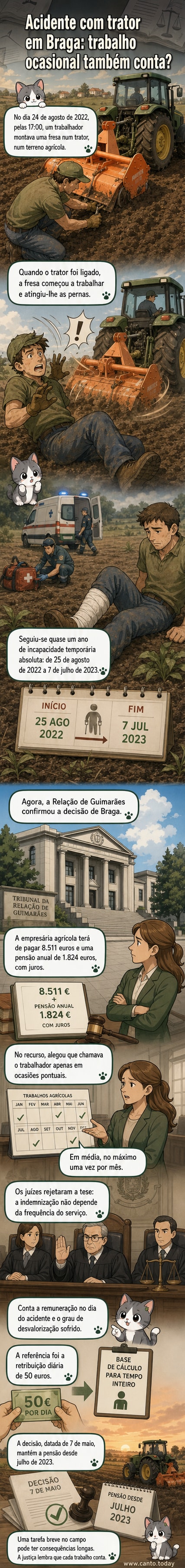 Ilustração de um trator com uma fresa acoplada em um campo, com um trabalhador próximo, simbolizando o acidente que motivou a condenação judicial em Braga.