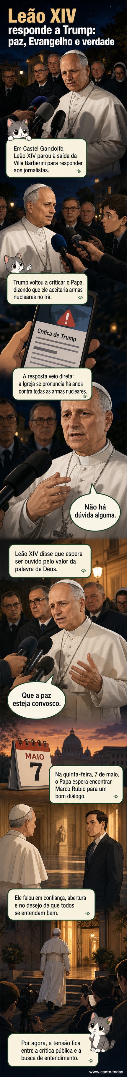 Papa Leão XIV falando com jornalistas ao ar livre em frente à Villa Barberini, em Castel Gandolfo, com expressão serena e mãos abertas.