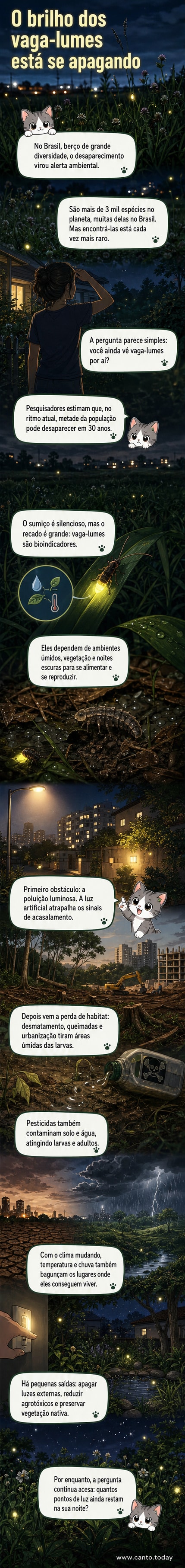 Ilustração noturna com vaga-lumes piscando em meio a árvores, contrastando com luzes urbanas ao fundo que invadem o ambiente natural.
