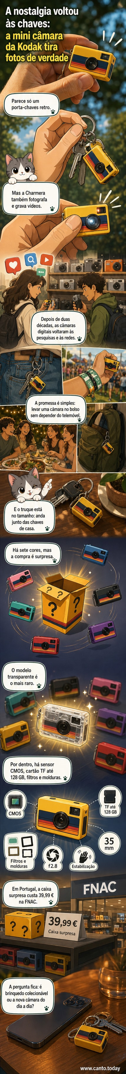 Um chaveiro pequeno com formato de câmara fotográfica antiga, em cores vibrantes, com o logótipo Kodak visível e mostrando o botão de disparo na frente.