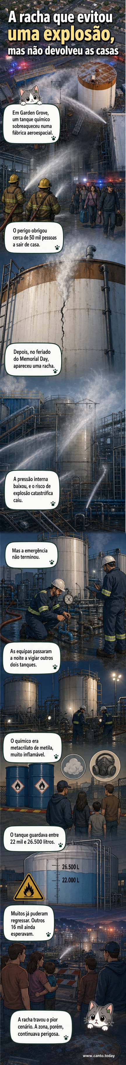 Operários em trajes de proteção lançam água sobre um tanque químico danificado em uma fábrica na Califórnia, com vapor e névoa no ar.