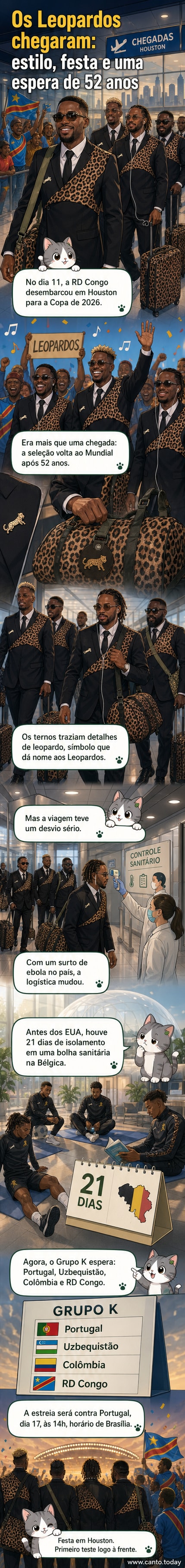 Jogadores da seleção da RD Congo posam em fila no aeroporto com ternos em estampa de leopardo e bolsas combinando, cercados por torcedores com cartazes.
