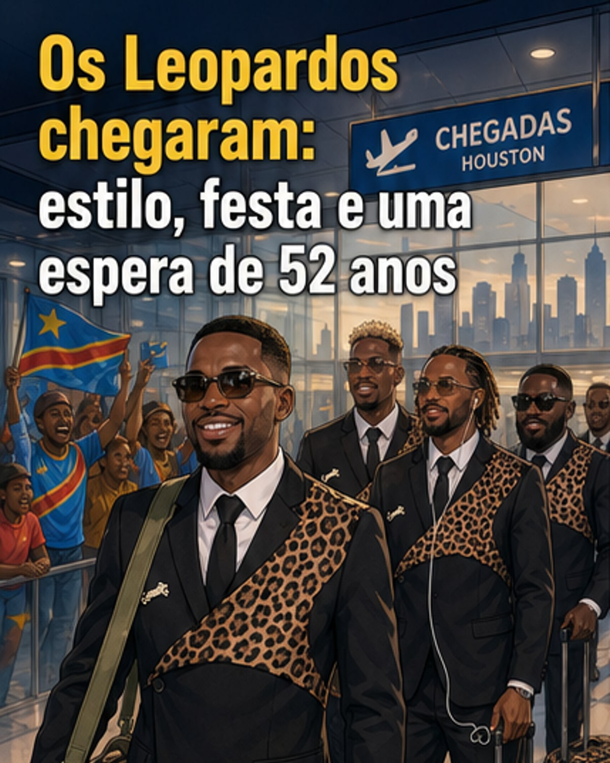 Jogadores da seleção da RD Congo posam em fila no aeroporto com ternos em estampa de leopardo e bolsas combinando, cercados por torcedores com cartazes.