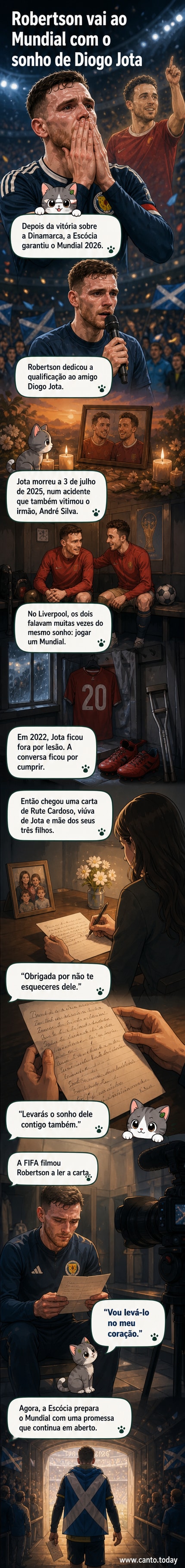 Ilustração emocional de Andy Robertson segurando a camisa da Escócia, com a imagem de Diogo Jota ao fundo, sob um céu estrelado com a taça do Mundial.
