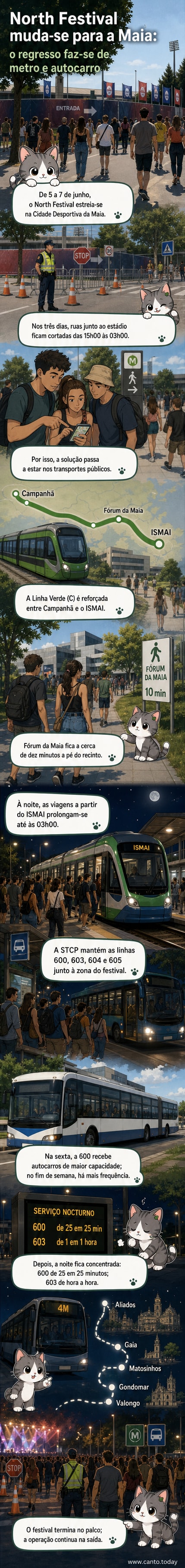 Cartaz do North Festival com palcos iluminados e multidão, ao fundo o Estádio Municipal da Maia, com linhas de metro e autocarros em destaque