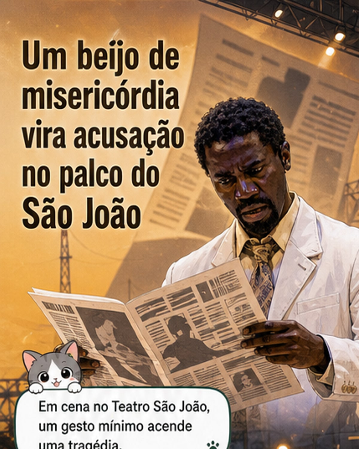 Ator Allex Miranda interpreta Arandir deitado no chão, sob luzes de teatro, com cenário de painéis móveis ao fundo.