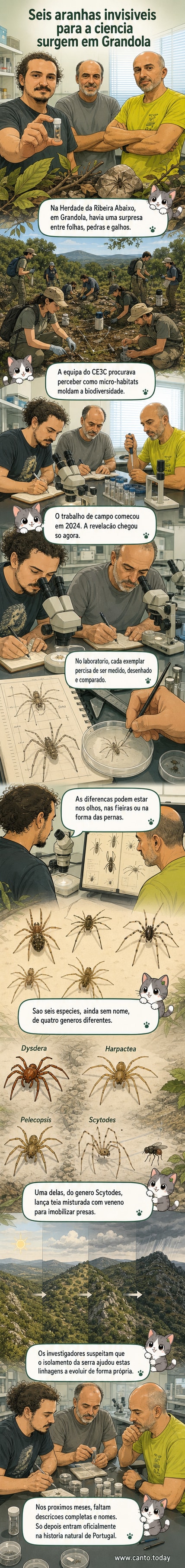 Pesquisadores analisam pequenas aranhas em microscópio durante trabalho de campo na Serra de Grândola, com paisagem natural ao fundo.