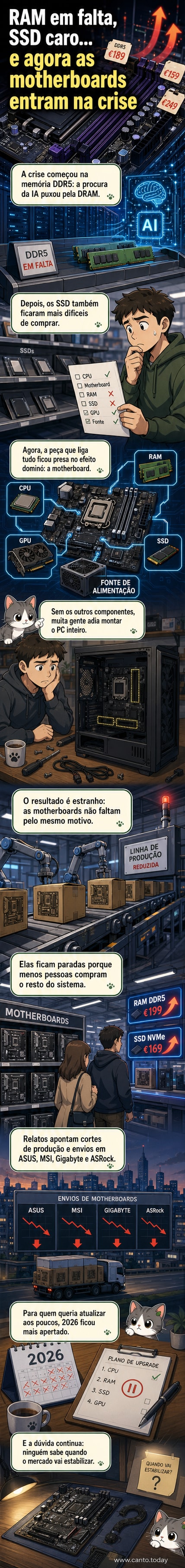 Ilustração de uma motherboard com sombras de falta de estoque e gráficos de preços em alta, simbolizando a crise no mercado de hardware