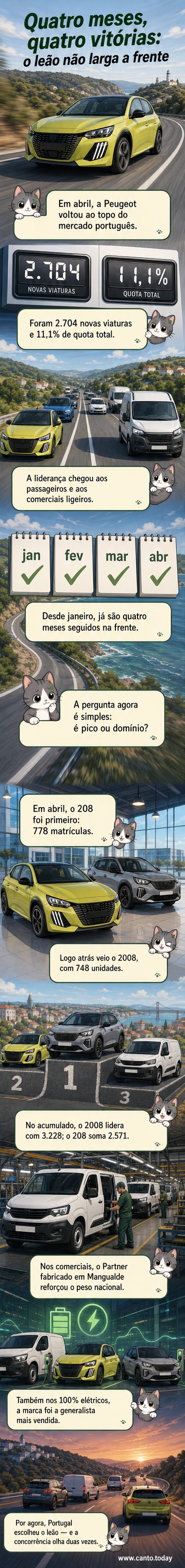 Ilustração de um carro Peugeot 208 e um furgão Partner elétrico lado a lado, com gráficos de crescimento ao fundo e a fábrica de Mangualde em destaque.