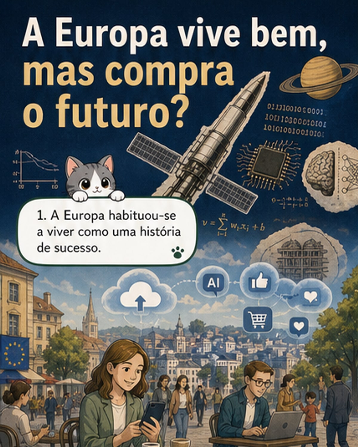 Ilustração de um continente europeu a comprar um pacote rotulado 'futuro', enquanto fábricas nos EUA e na Ásia produzem tecnologia com rótulos como IA, cloud e semicondutores.