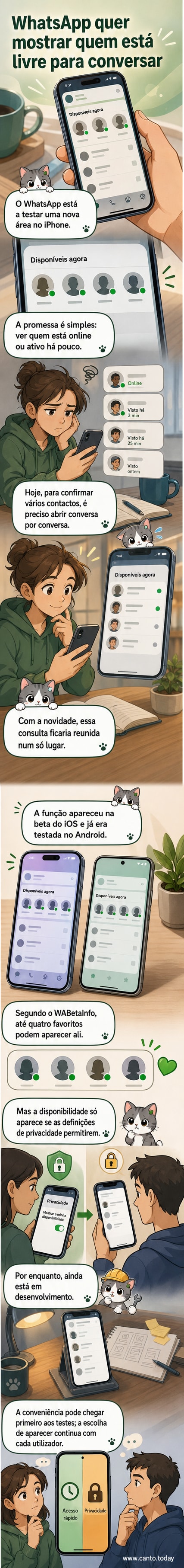 Ilustração de um smartphone com a interface do WhatsApp mostrando uma nova seção abaixo da foto de perfil, destacando contatos com status 'online' e 'ativo recentemente'.