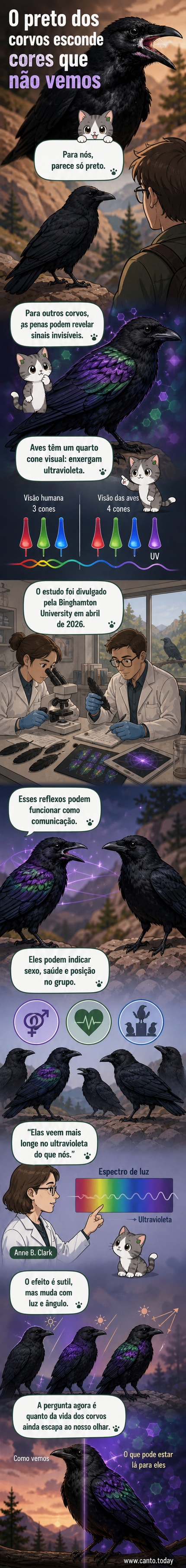 Ilustração de um corvo com penas refletindo tons ultravioleta invisíveis ao olho humano, mostrando um espectro de cores oculto.