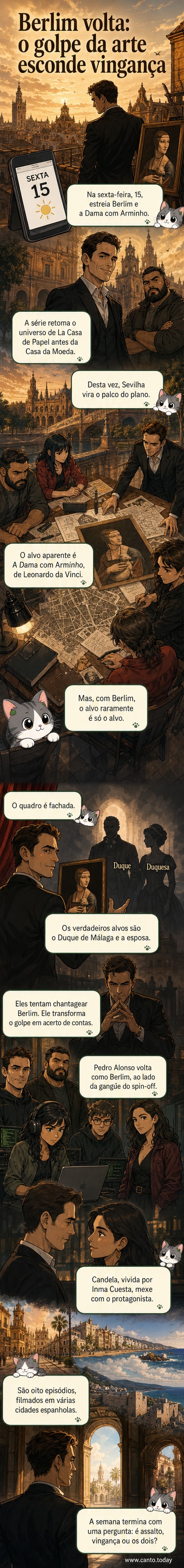 Cartaz da série 'Berlim e a Dama com Arminho' com Pedro Alonso como Berlim em frente a uma pintura de Da Vinci, em Sevilha.