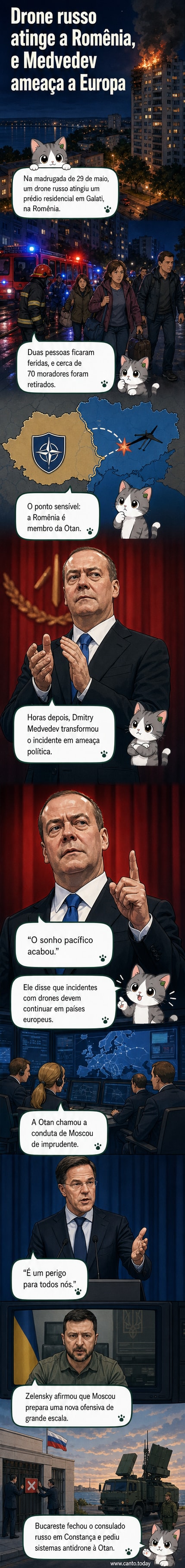 Imagem de Dmitry Medvedev em evento na Coreia do Norte, com fundo militar; ao lado, edifício danificado em Galați, Romênia, após ataque de drone.
