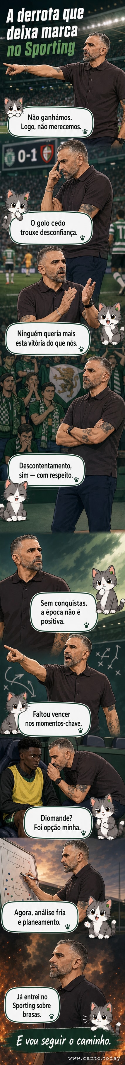 Ilustração de Rui Borges em campo, com expressão reflexiva, enquanto adeptos assobiam ao fundo.