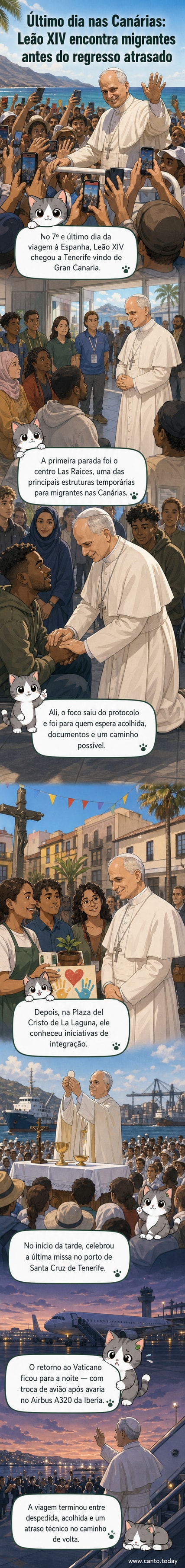 Papa Leão XIV cumprimenta migrantes em um centro de acolhimento nas Ilhas Canárias, com fundo de tendas e voluntários.
