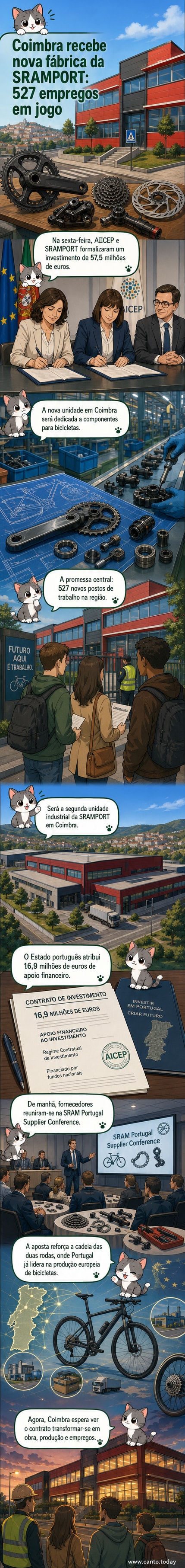 Ilustração de uma nova fábrica moderna em Coimbra com bicicletas e componentes em montagem, simbolizando geração de empregos e investimento industrial.